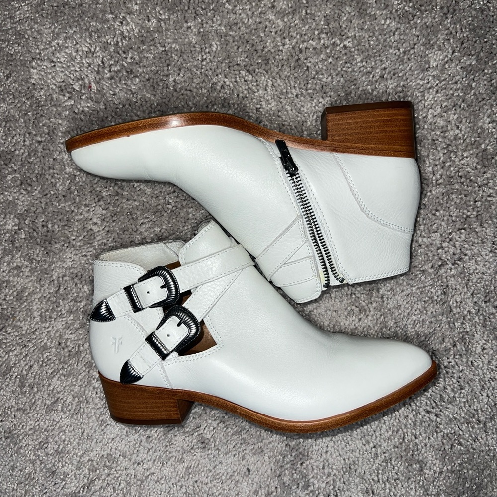 FRYE white leather buckle ankle boots
